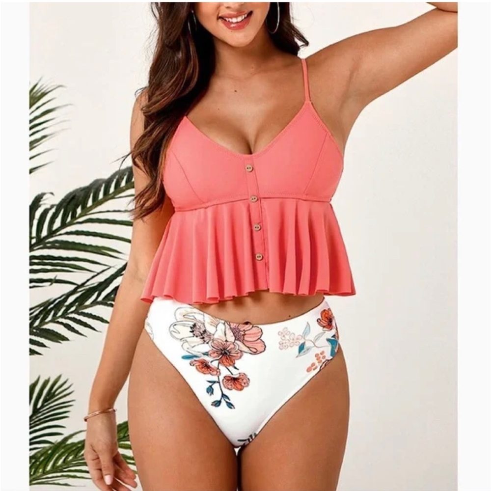 Pink And Floral Ruffle Buttoned Tankini